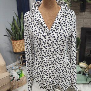 Ann Taylor Leaf Print Ruffle Neck Long Sleeve Button Down Blouse Sz Med